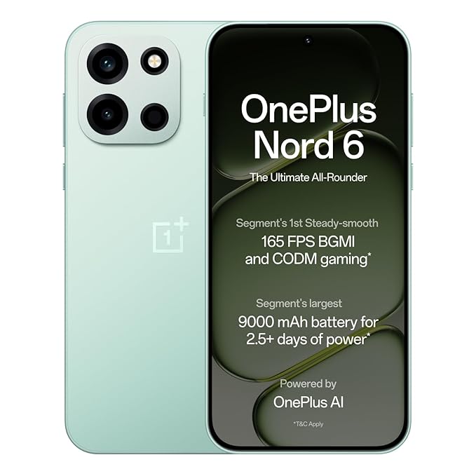 OnePlus Nord 6 | 12GB+256GB | Fresh Mint | Snapdragon 8s Gen 4 | Segment's First Stable 165FPS Gaming | Segment's Largest 9000mAh Battery | Most Complete IP Rating | Personalized AI